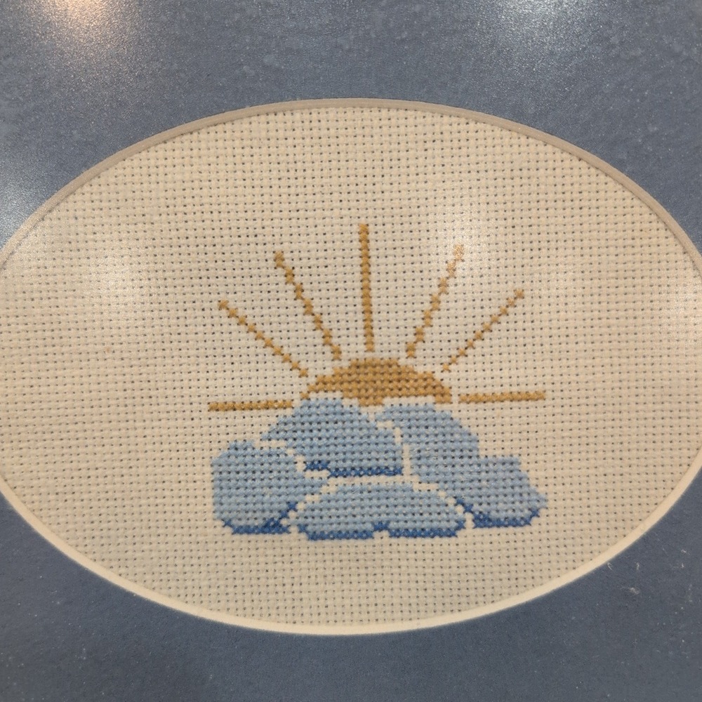Vintage Cross Stitch Framed Art Sun and Clouds Needlepoint Blue Wood Frame - Picture 2 of 6